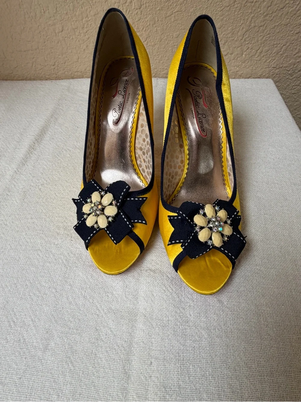 4/$20 Poetic License Yellow Satin Peep-Toe Heels w/ Black Trim and Floral Jewel